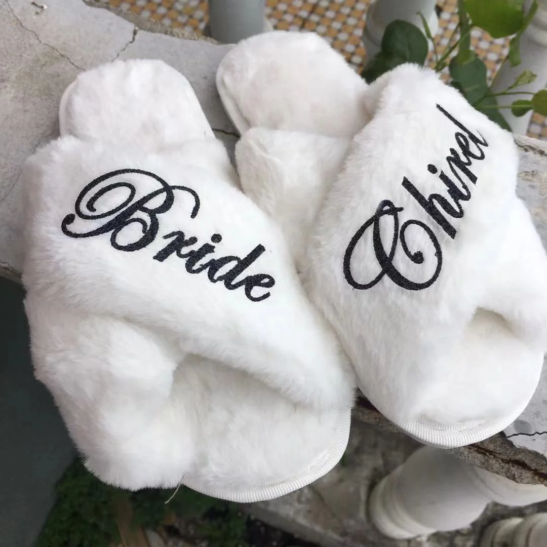 Customized Glitter Text  Plush Flurry Slippers For Wedding Bride Bridesmaid Proposal