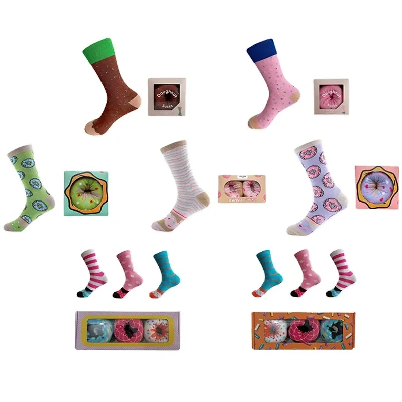 High Quality Funny Donut Stockings Logo Patterned Macaron Socks in Gift Box Novelty Cute Tube Doughnut Sox for Women Christmas
