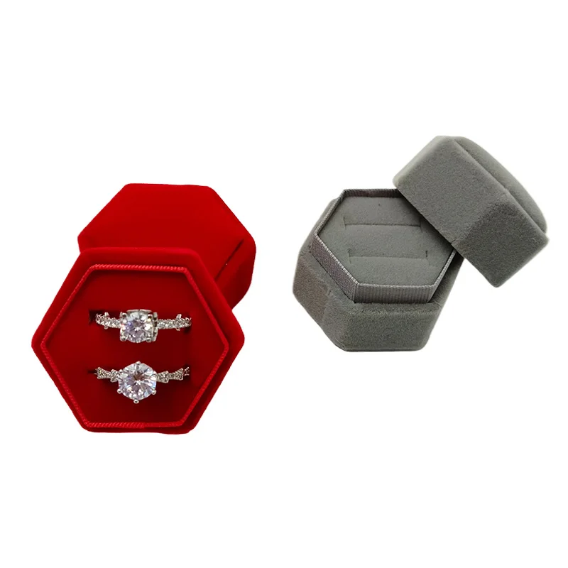 Recyclable High End Hexagon Rigid Gift Packaging Custom Velvet Engagement Ring Box For Valentines Day
