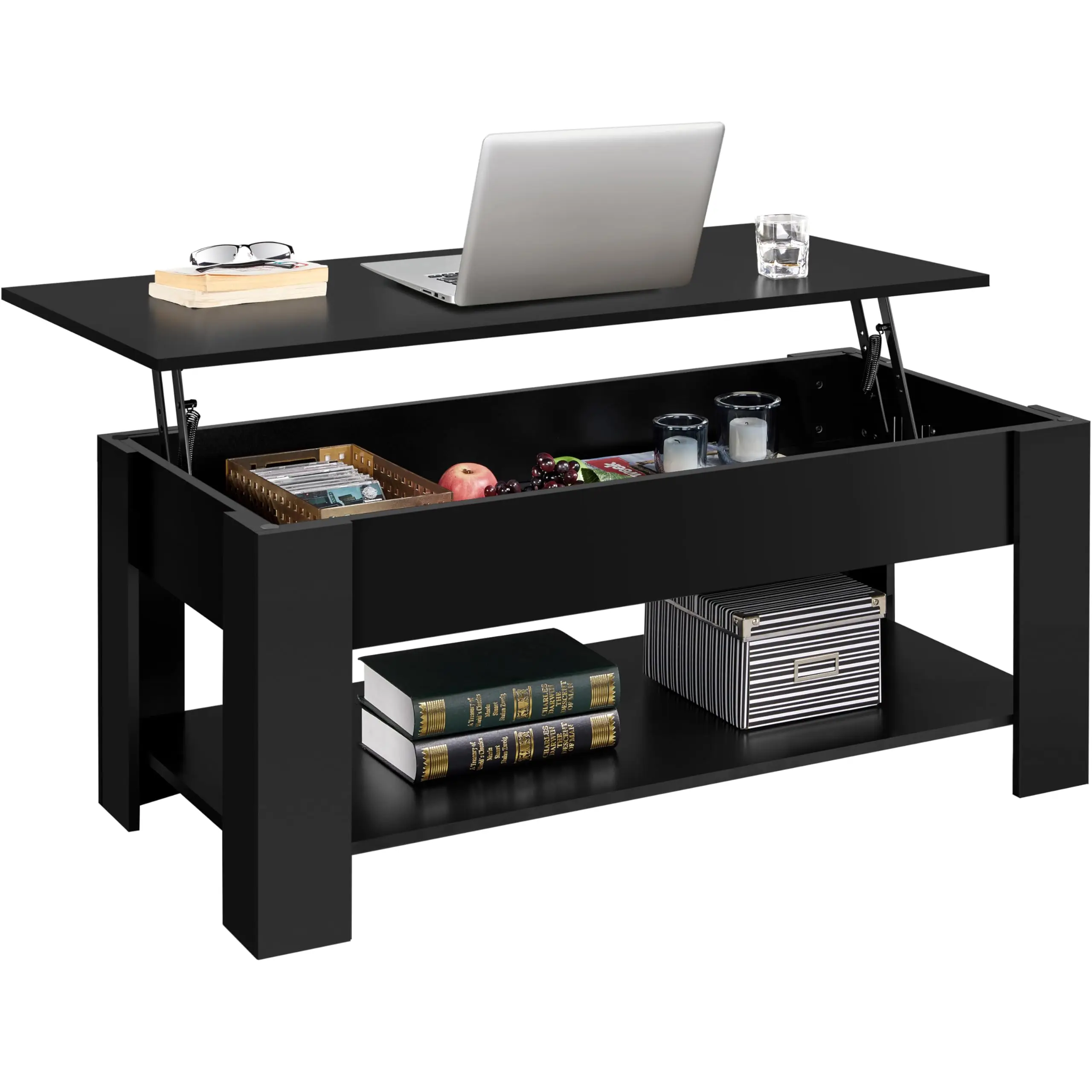 Lift Top Coffee Table w/Hidden Storage Compartment and Storage Shelf - Lift Tabletop for Living Room Reception Room, White