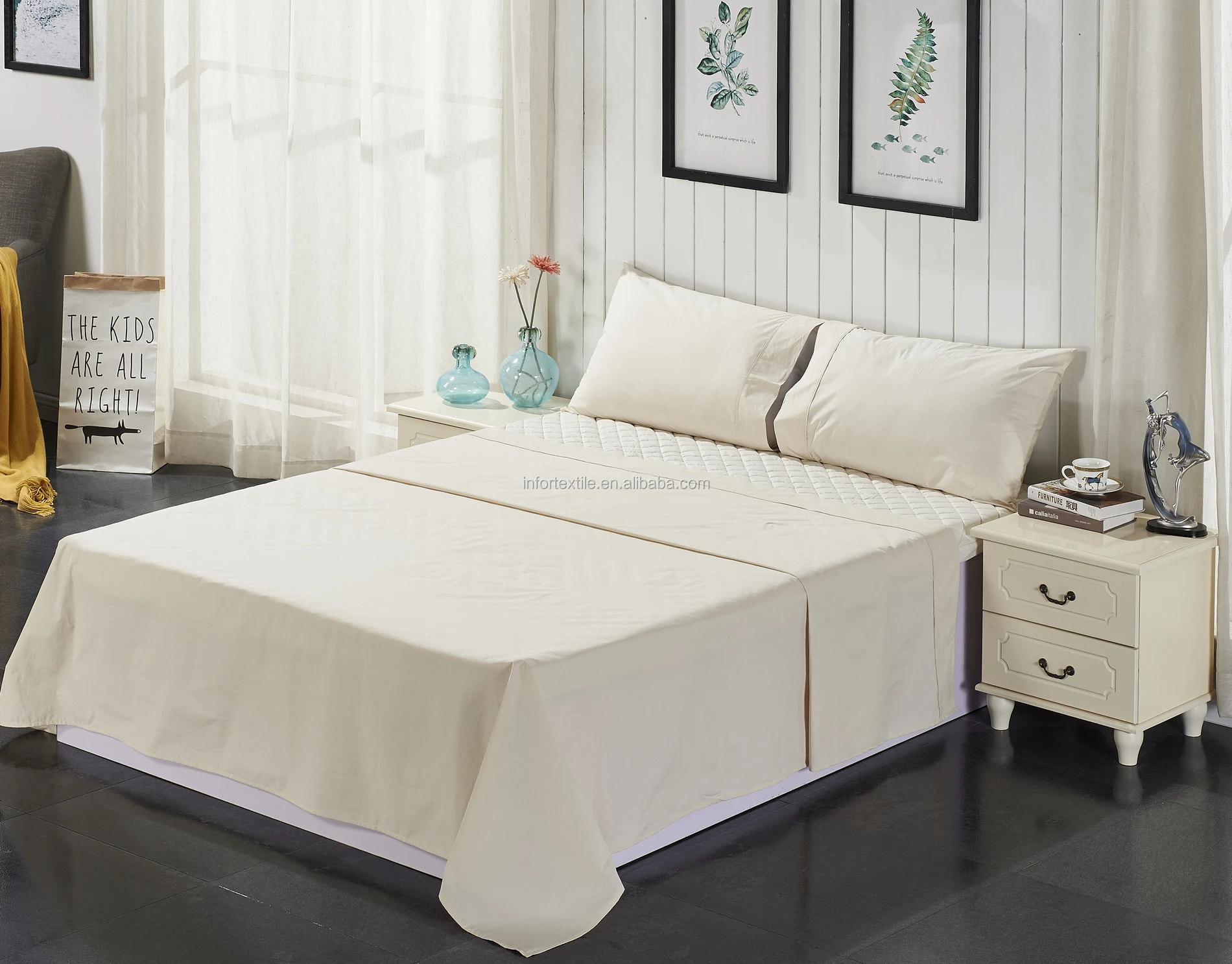 4PCS white hotel used QUEEN bed sheet linen 200tc 50%poly 50%cotton