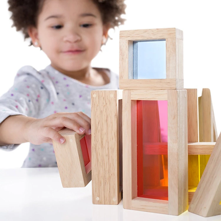 Montessori Toys Wooden Block with Acrylic Rainbow Block Educational Toys for Children