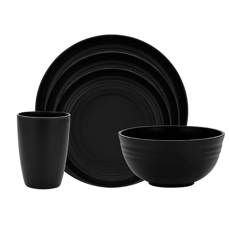 Wheat straw black plate soup bowl Cup knife, fork and spoon tableware suit picnic gift suit LOGO