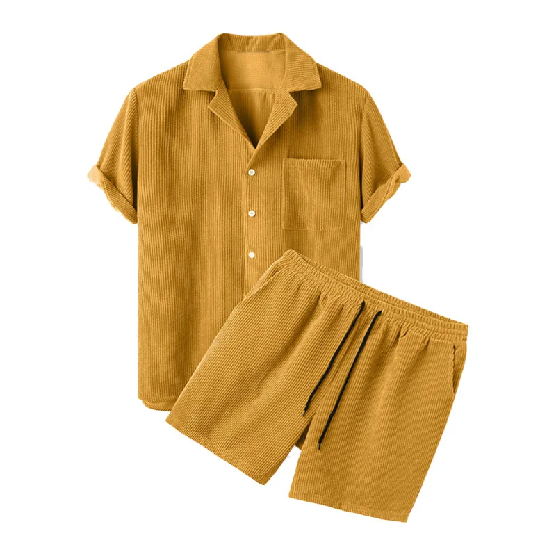 Solid Color Corduroy Men s Casual Suit with Shirt and Shorts European and American Fashion