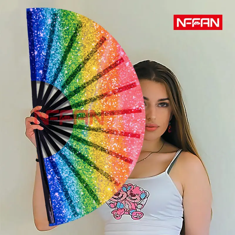 Custom Printed 13Inch Large Bamboo Folding Clack Hand Held Fan for Festivals Parties Rave Accessories
