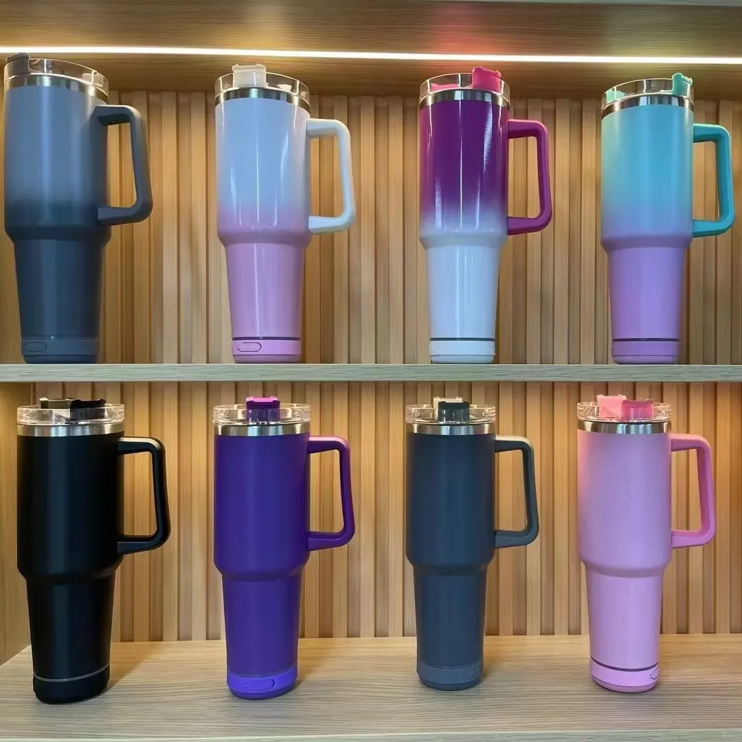 New&hot colors 40oz wholesale bulk wireless smart tumbler with display player speaker stainless steel coffee mugs with handle