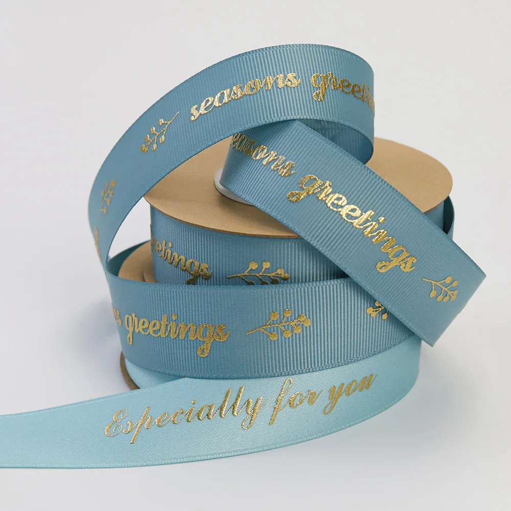 Custom Sized 22mm Blue Matt Satin Gold Foil Printed Grosgrain Ribbon With Logo Embossed