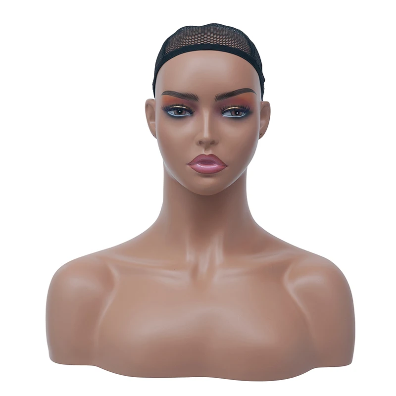 Wholesale Realistic Female Wig Display with Shoulder Hair Makeup smiling fiberglass Human  Male African American Mannequin Head