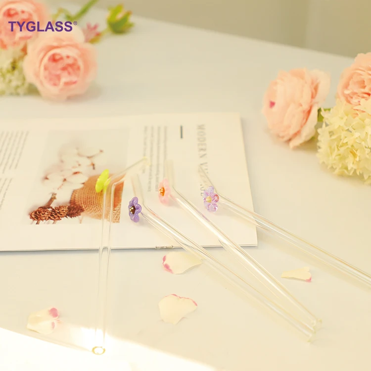 Manufacturer Custom Reusable Bent Glass Drinking Smoothie Straws Cute Glass Straws With Flower Cherry Blossom Glass Straws