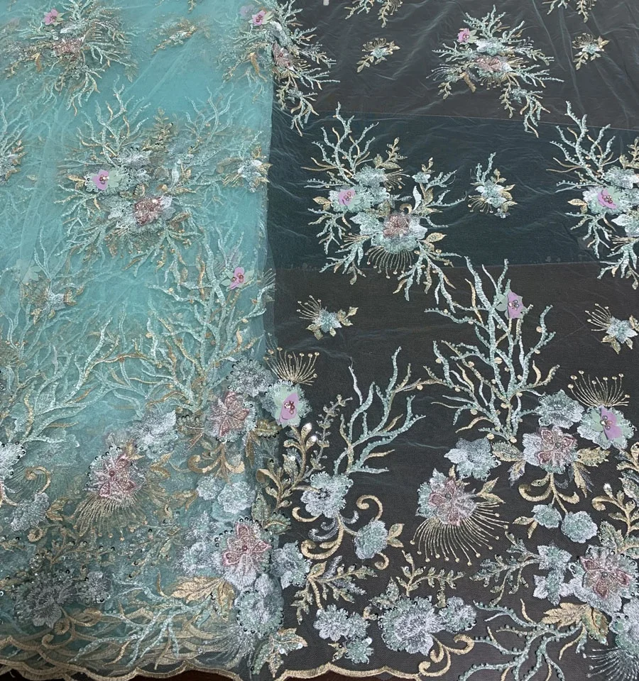 fancy 3d flower lace embroidered fabric with multi color embroidery beaded sequins floral fabric for dresses