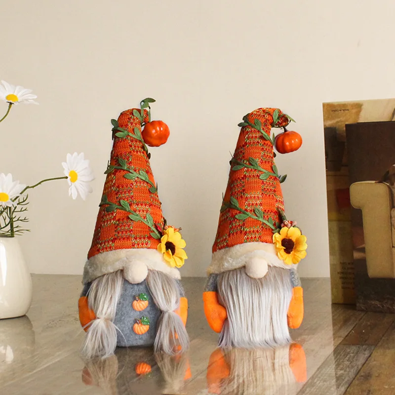 Personalized Pumpkin Sunflower Faceless Doll Dwarf Table Harvest Ornament For Home Party Window Autumn Plush Couple Decoration
