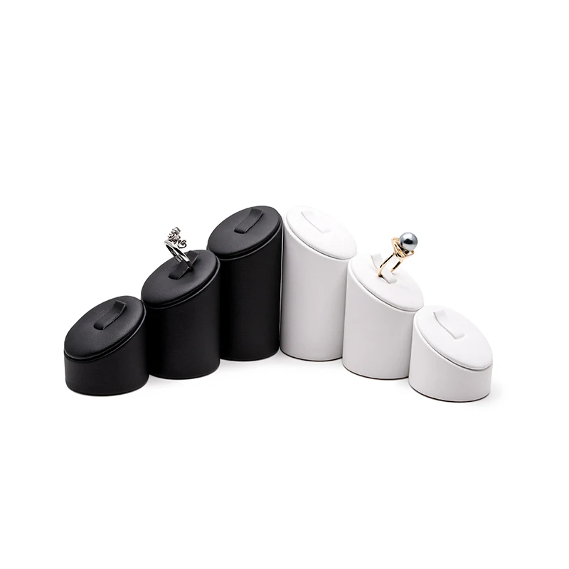 Wholesale Black White PU Leather Low/High Cylindrical Jewellery Ring Holder Stand