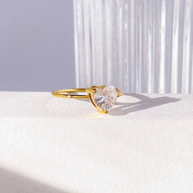 Zircon Diamond Heart Rings Stainless Steel PVD 18K Gold Plated Waterproof Jewelry for Women anillos bijoux anel schmuck joias