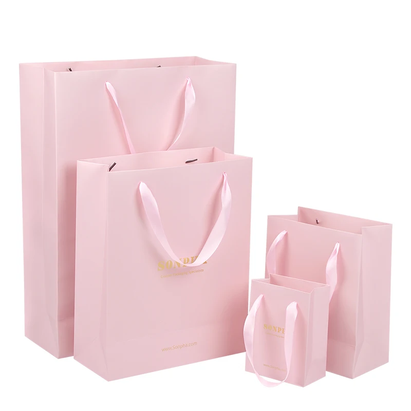 Boutique Bolsa De Papel Pink Printing Paper Shopping Bag With Ribbon Handles Clothing Packaging Custom Logo Paper Bags