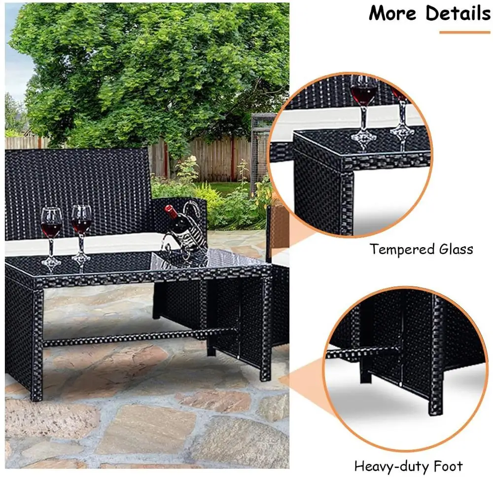 Garden Lawn Pool Backyard Outdoor Rattan Patio Wicker Furniture Set with Weather Resistant Cushions and Tempered Glass Tabletop