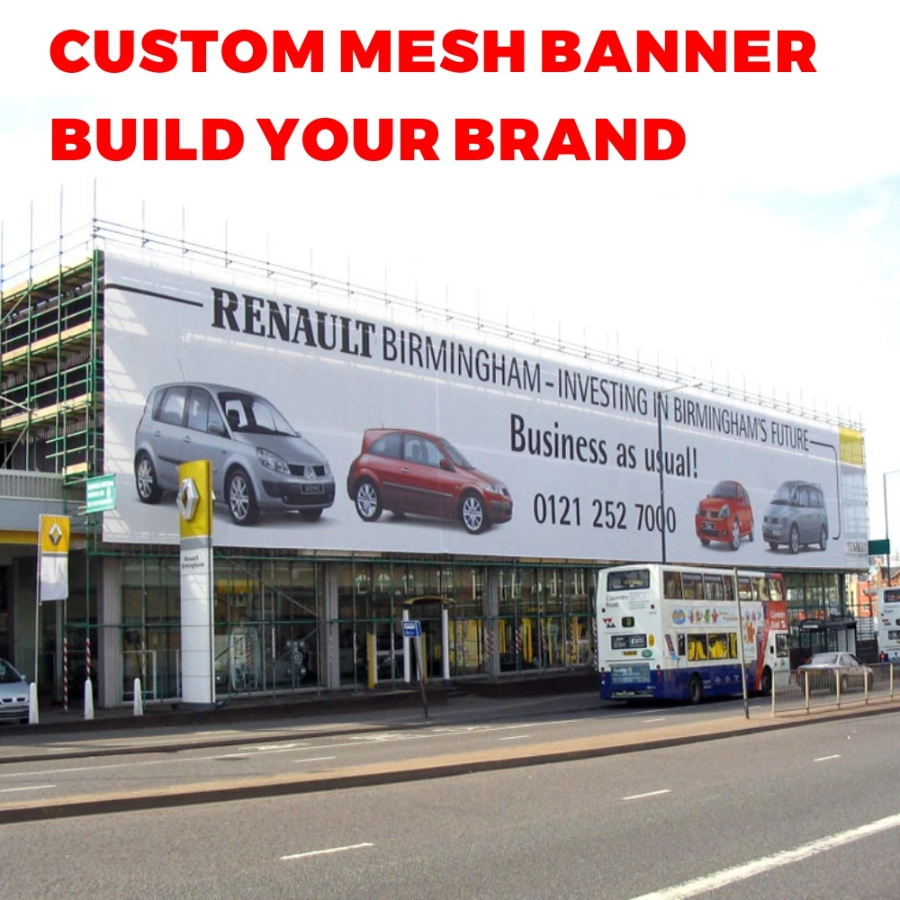 Custom Commercial Grade Scaffold Mesh Banner with Double-Stitched Seam Digital Printing Insurance Metal Grommets Building Wrap