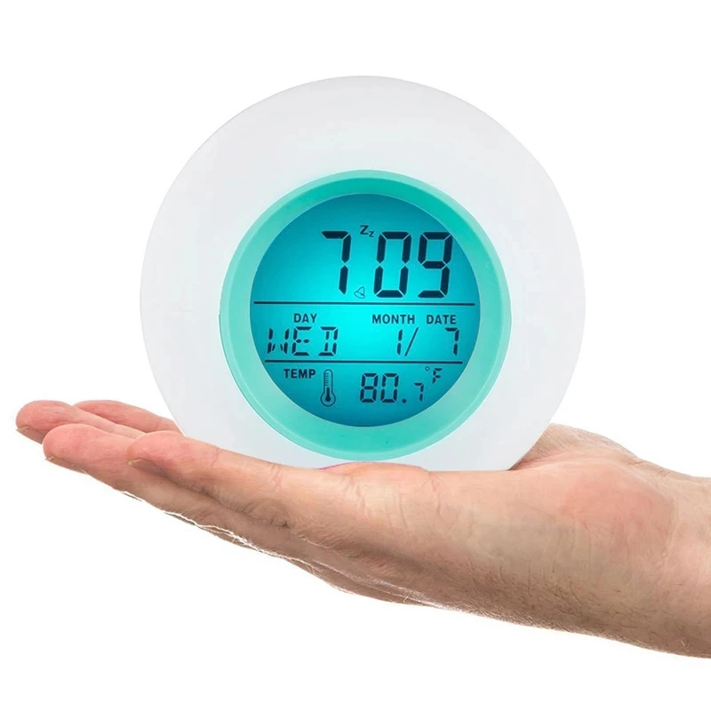 Round 7 Colors Changing LED Light Digital Alarm Clocks Touch Control Kids Children Wake Up Alarm Clock Thermometer Nature Music