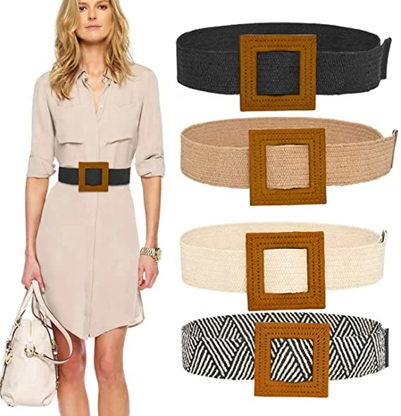 Плетеный эластичный пояс из соломы Женский облегающий для платья модный плетеный ремень с круглой деревянной пряжкой