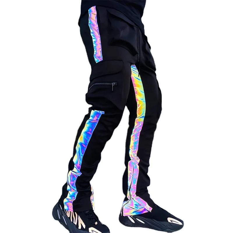 
2021 Hip Hop Night Running Mens Casual Trousers Fitness Stacked Reflective Jogger Track Pants With Pockets  (1600220378534)
