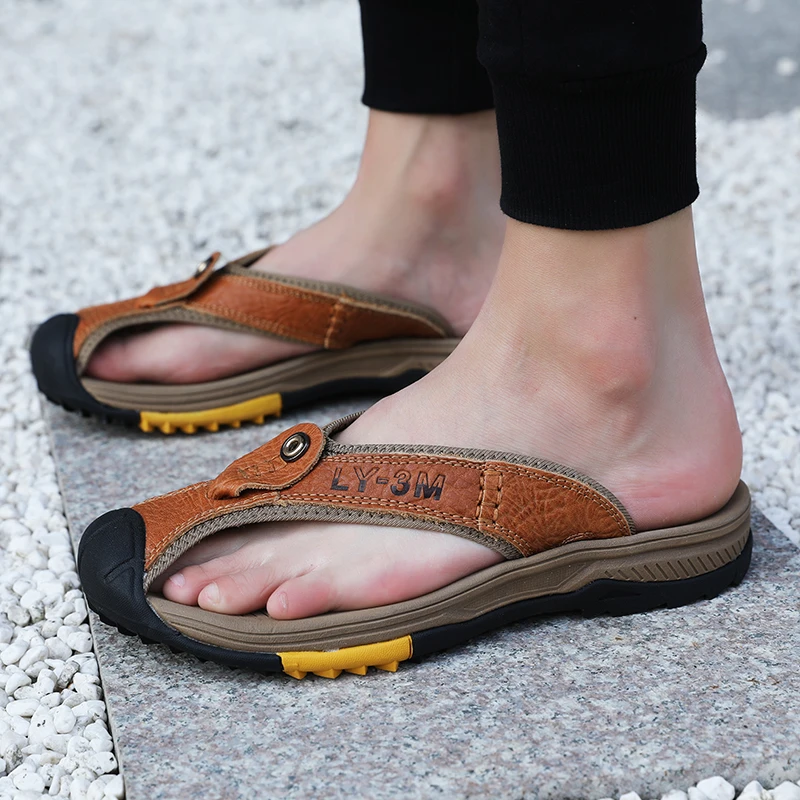 Men Sandals Leather Slippers for Men Size 38-46 Solid Rubber Summer Sandals Genuine Cow Leather 1 Pair EVA Polybag Elastic Cloth