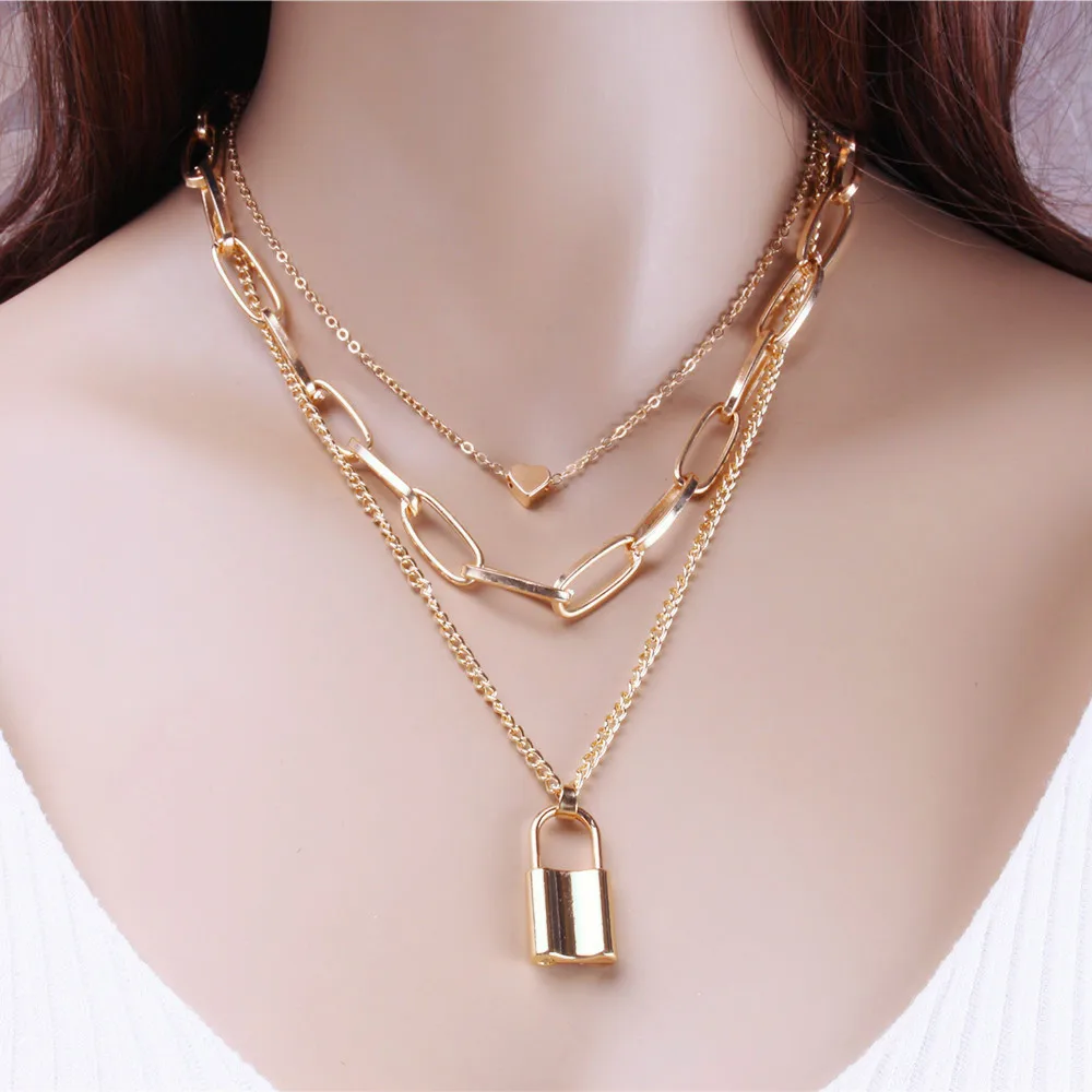 Cross-Border Punk Hip Hop Exaggerated Thick Chain Necklace Female Multi-Layer Lock Love Necklace Sweater Chain