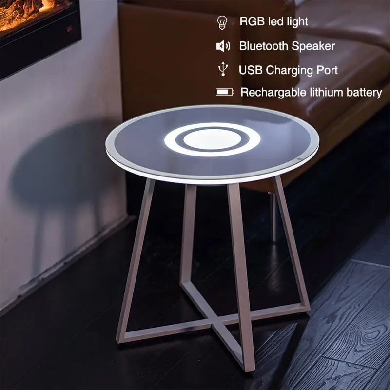 Fancy bedside center table tempered glass coffee table led light stand table export with metal frame iron legs modern