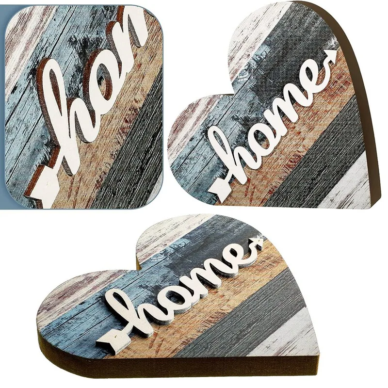 2 Pcs Rustic Wood Love Home Sign Heart Shaped Wooden Table Centerpiece Farmhouse Buffalo Plaid Family Sign