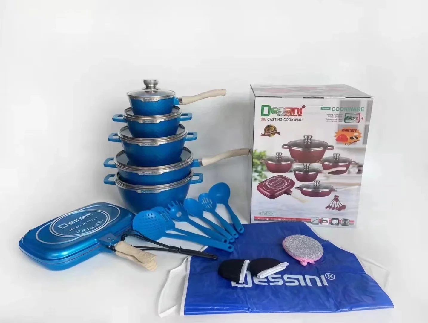 Dessini 23pcs non stick cast aluminum pots sets cooking cookware set pots and pans with glass lid