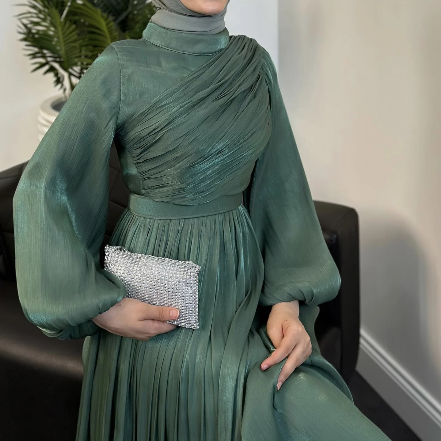 Organza Abayas Dresses Dubai Turkey  Evening Party Dresses Modest Abaya For Muslim Women Fasten Sleeves