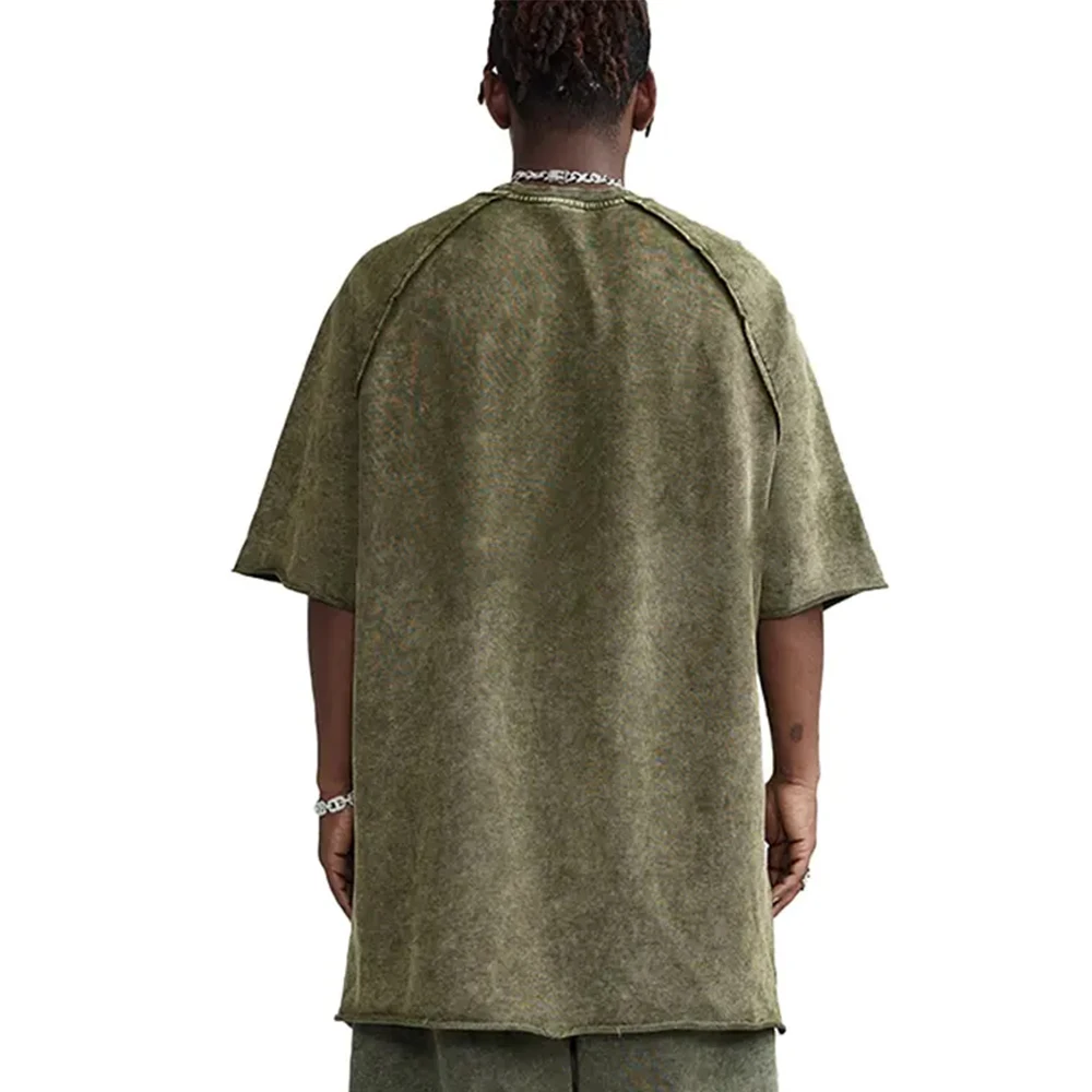 heavyweight raw edge acid washed t shirts 2 piece sweat short set  oversize 100% cotton custom logo t shirt for men