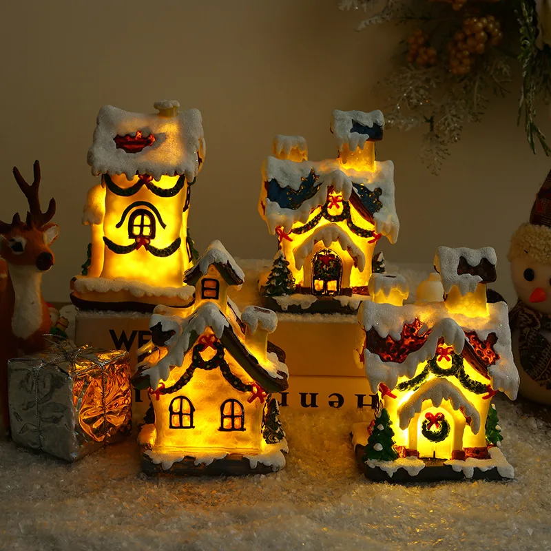 Christmas Decorations Christmas Light Up Resin Snowroof Village LED Light House Christmas Micro Landscape Decoration