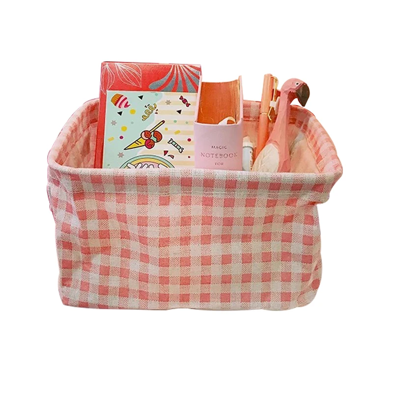 Girl lovely pink lattice home cotton linen fabric art storage basket cosmetics sundry storage basket desktop storage box
