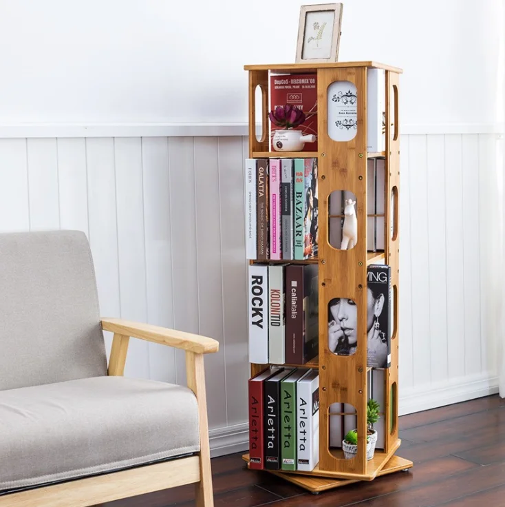 
360 Rotating Storage Holders Racks Morden Design Eco Friendly Bamboo Corner Bookcase Furniture Book Storage Shelf Bookshelf 