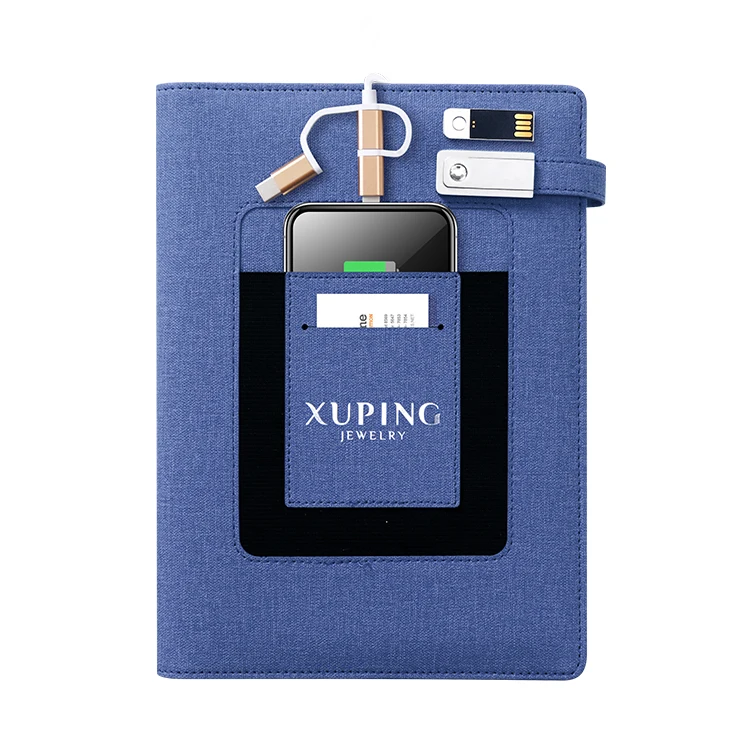 Fashion A5 royal blue leather charging notebook with 8000 mah powerbank and 16G USB disk flash drive