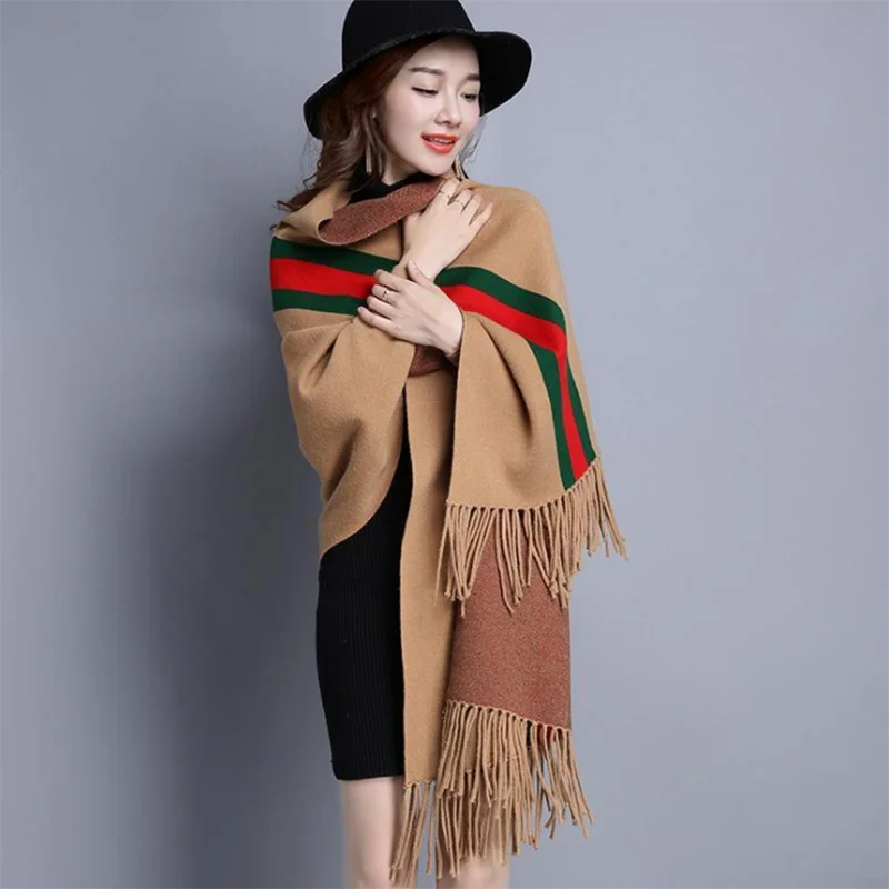 Latest Design High Quality Women Acrylic Knit Striped Pattern Cardigan Winter Cape Shawl Poncho For Womens Scarf