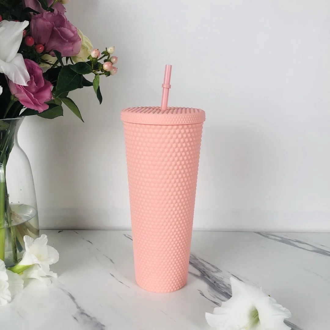 Hot Selling customized 24oz coffee cup Double Wall BPA Free Plastic Cup tumbler cups Studded Tumbler with Straw