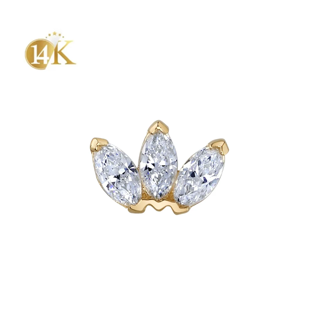 Calendo Hot Sale 14K Solid Gold Jewlery Wholesale Marquise Zirconia Cluster Crown Helix Earring Stud Gold Body Piercing Jewelry