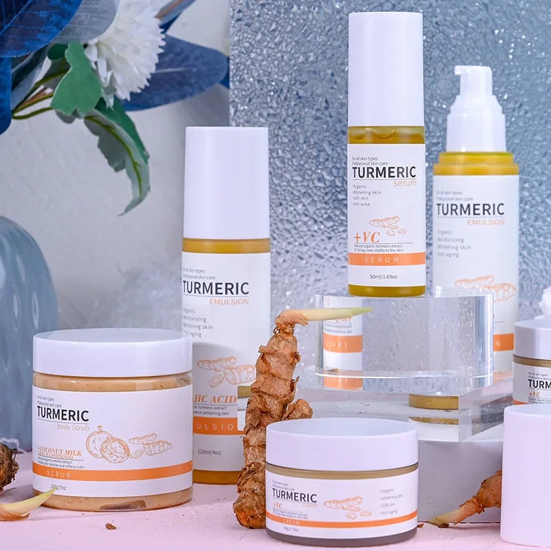 OEM ODM Turmeric Lotion Face Toner Cream Serum Body Scrub Essential Oil Products Turmeric Skin Care Set