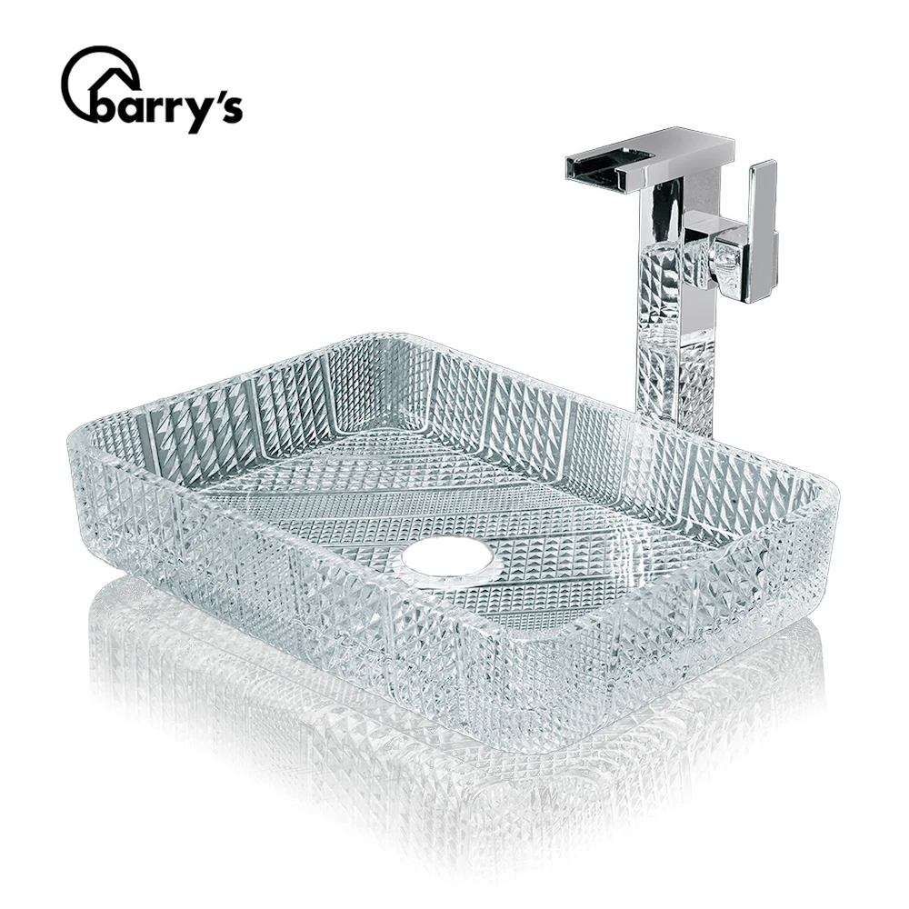 Popular rectangle clear glass bathroom vanity counter top art sink basin