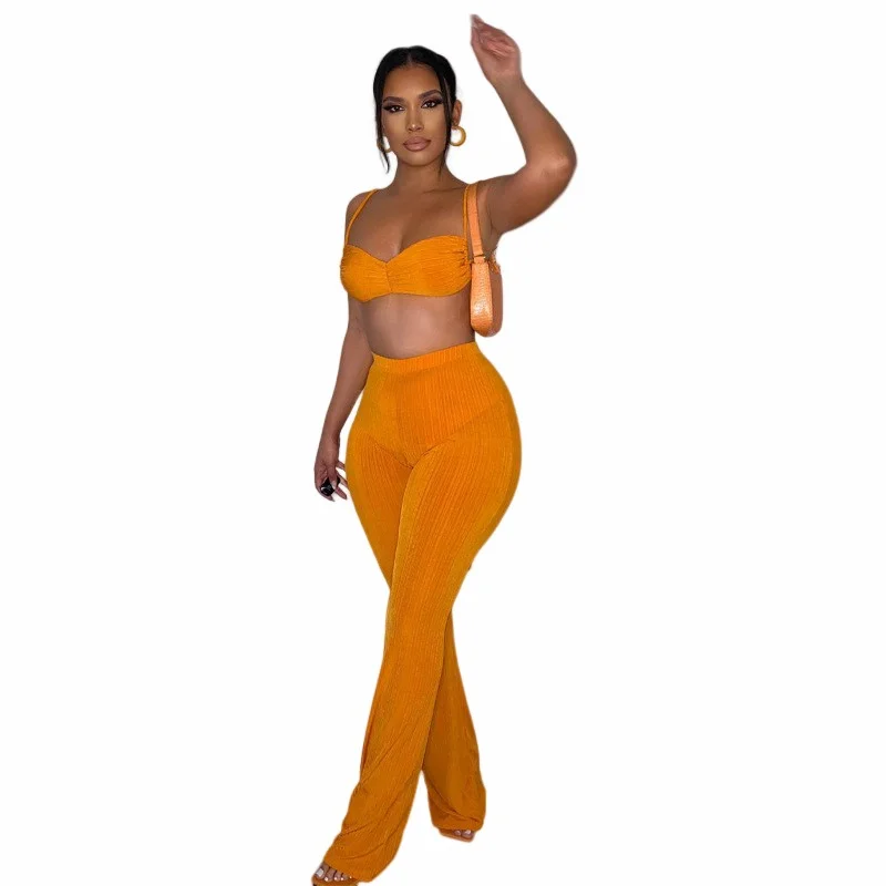 2023 Summer Clothes Boutique Fashion Flare Pants Sexy Lace Up Crop Top 2 Piece Set