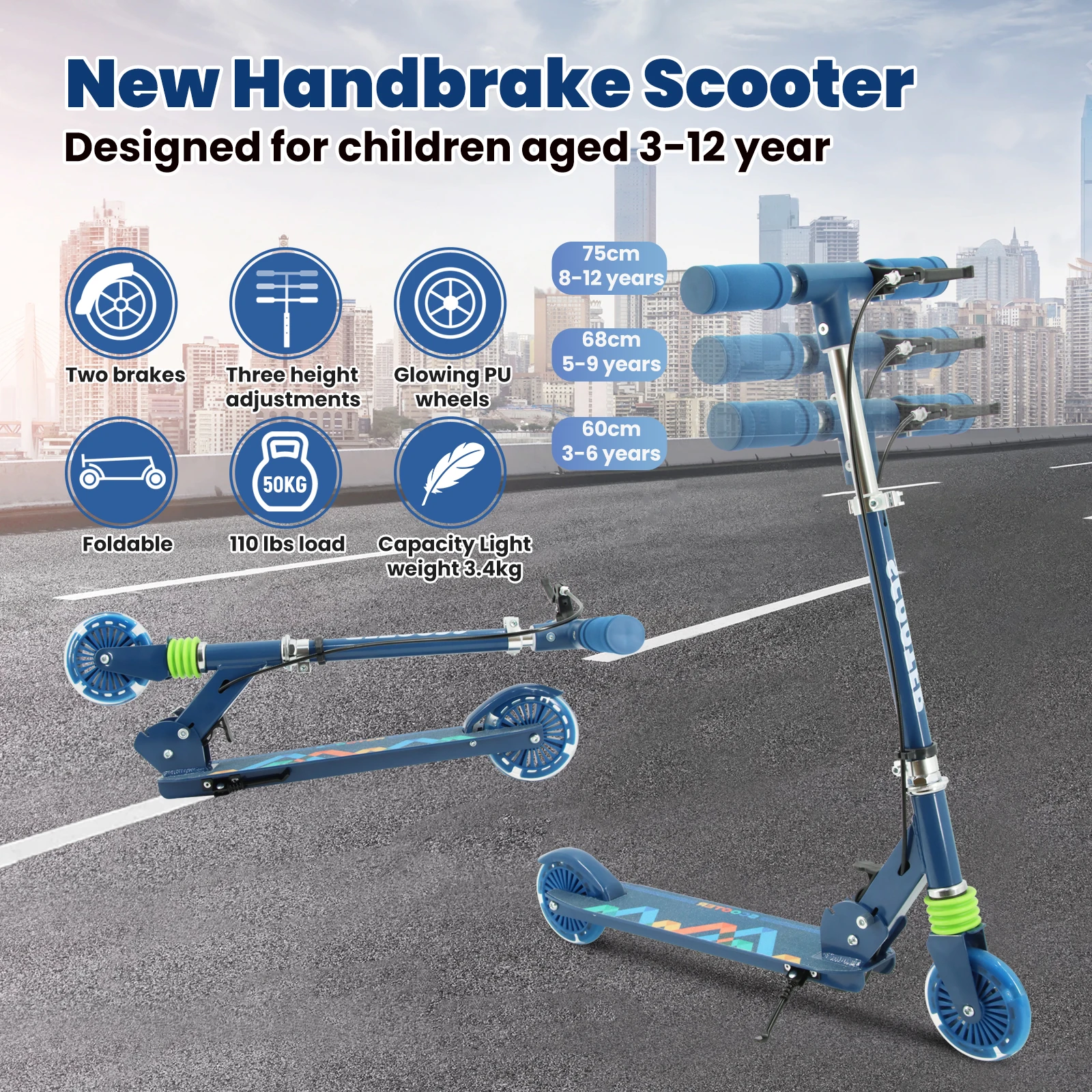 Scooter Kids Aluminum Folding 120mm 2 Wheels Hand Brake Folding Scooter with Handle Brake