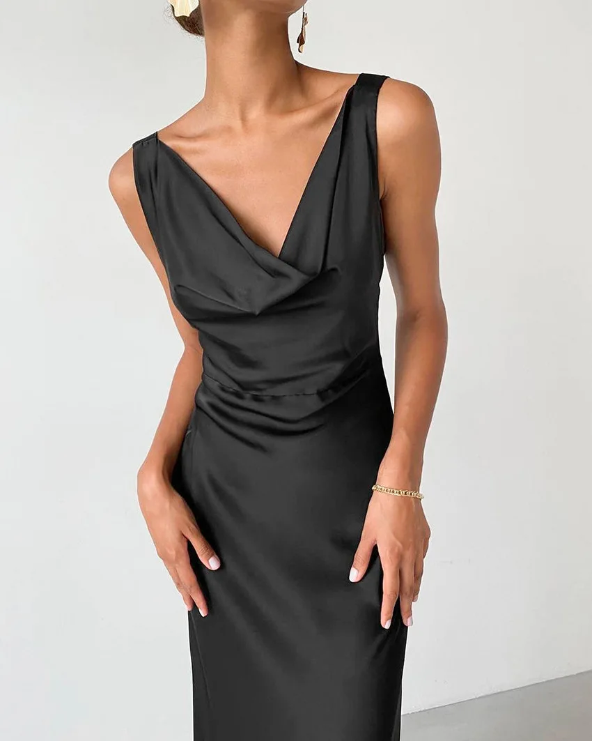 Customized Summer New Tank Top Dress Ice Silk Satin Small Black Dress Sexy Backless Long Dress