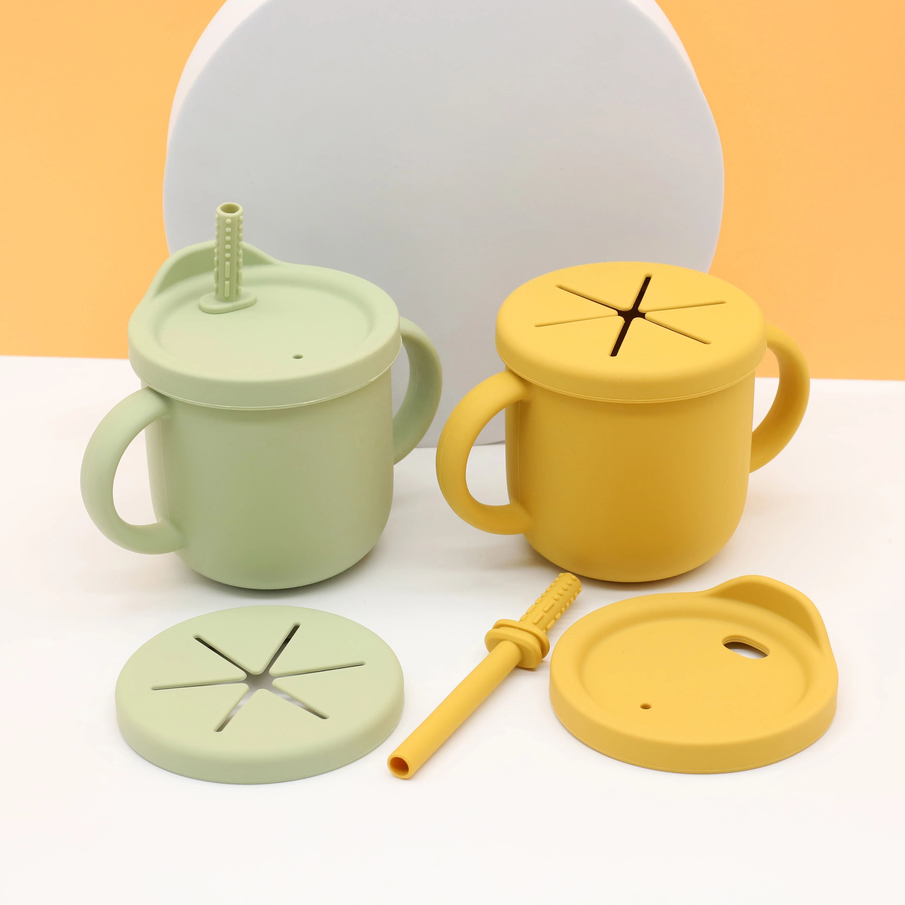 Safety Baby Solid Plain Colors Soft Silicone Baby Bibs bear bowl 2-in-1 sippy snack cup spoon fork Easy to Clean and Waterproof