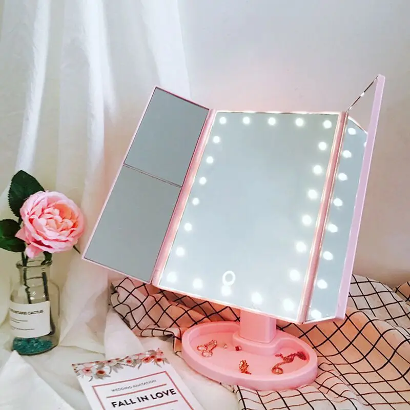 3 Folds Lighted Vanity Makeup Mirror,1X/2X/3X Magnification, 22 LED Light Bright Table Mirror with Touch Screen