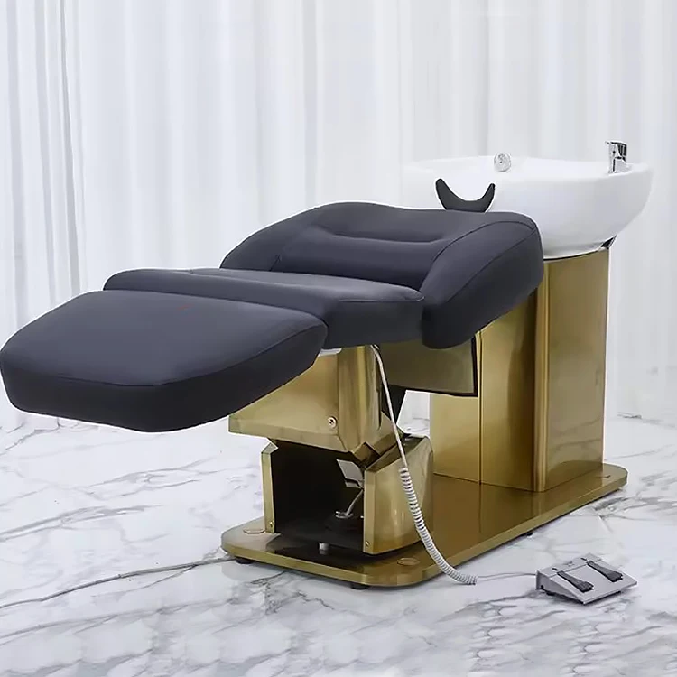 Modern high end reclining shampoo chair electric adjustable gold stainless steel beauty salon head wash chair for barbershop