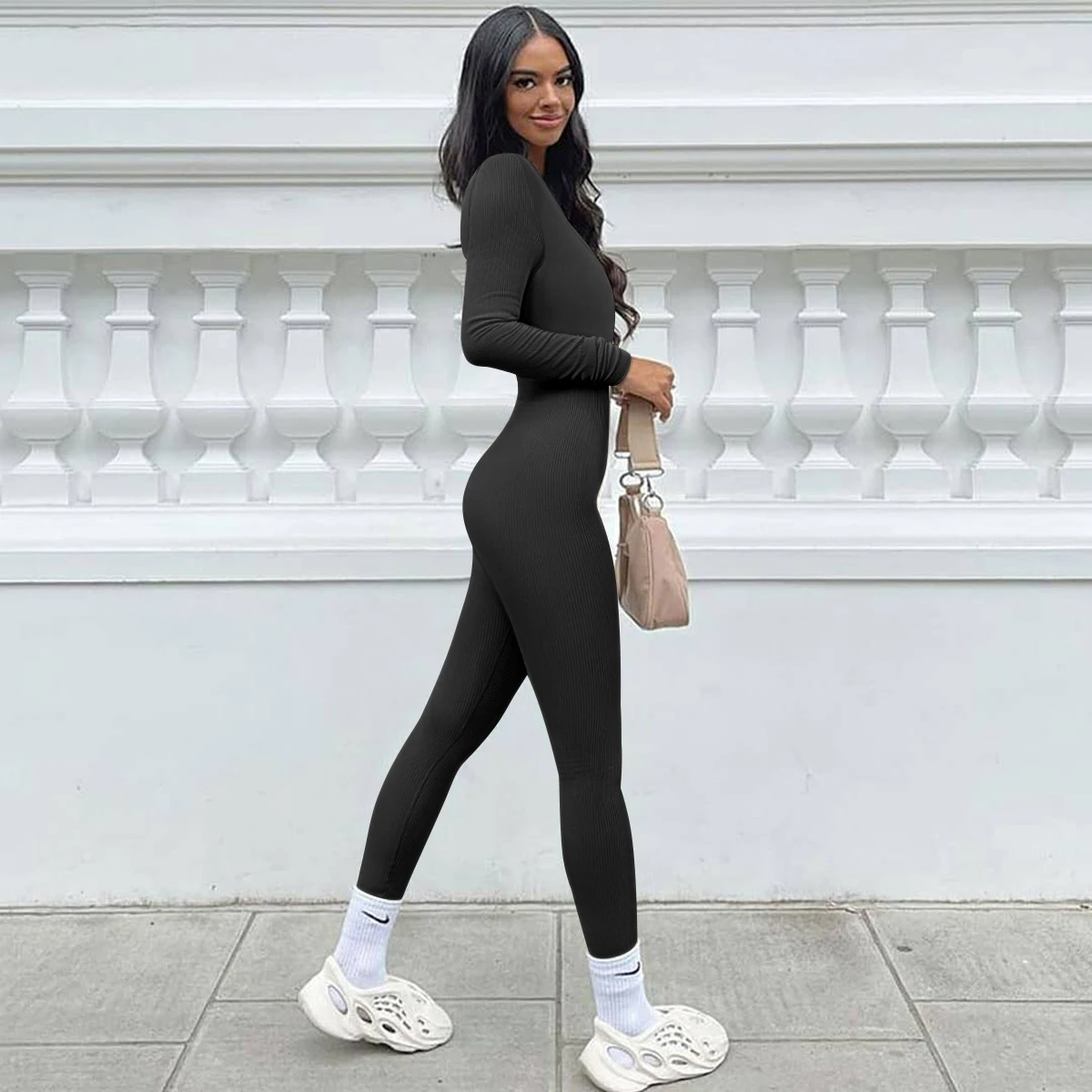 Women Yoga Legging Jumpsuit Workout Ribbed Long Sleeve Sport Jumpsuits