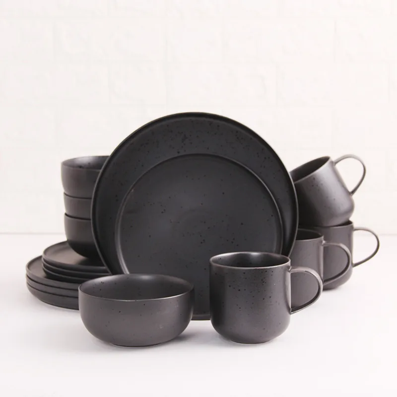 Wholesale Hot Sale 16pcs Dinner Sets Black Speckle Matte Plates Bowl Dinnerware Set Ceramic Tableware Sets