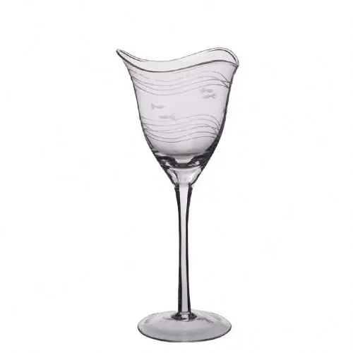 Eco-friendly clear glass wine goblet glasses with waved rim and cutting fish.
