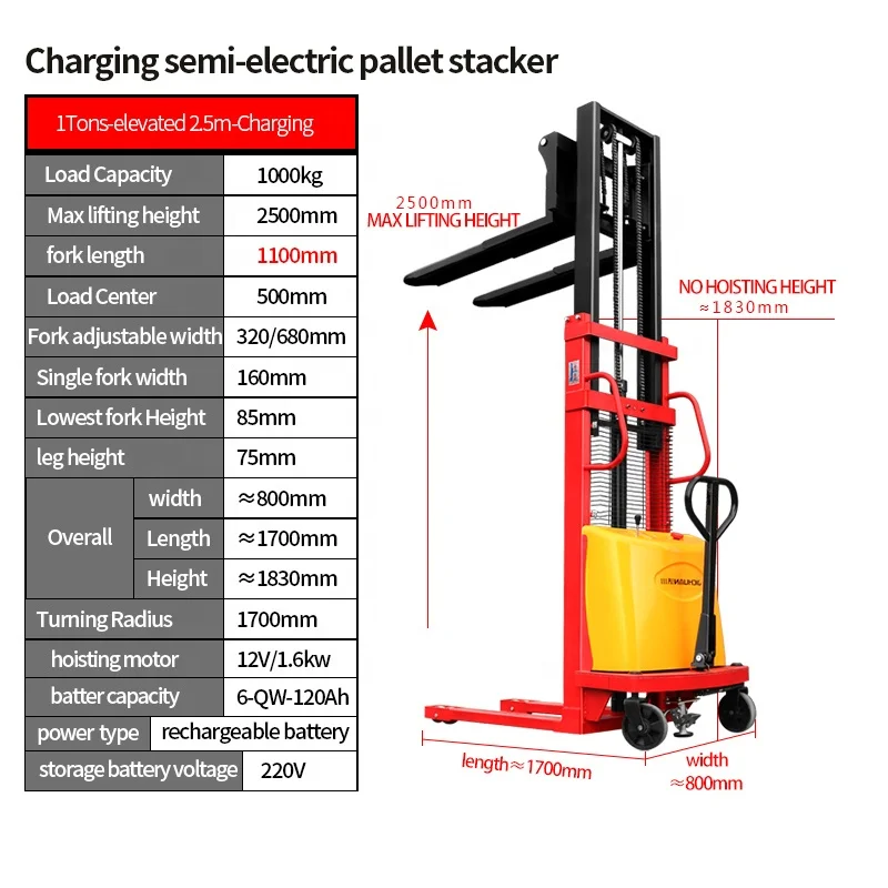 Capacity 1500kg Super Battery Life Charging Type Semi Electric Pallet Stacker with Abrupt Stop Switch