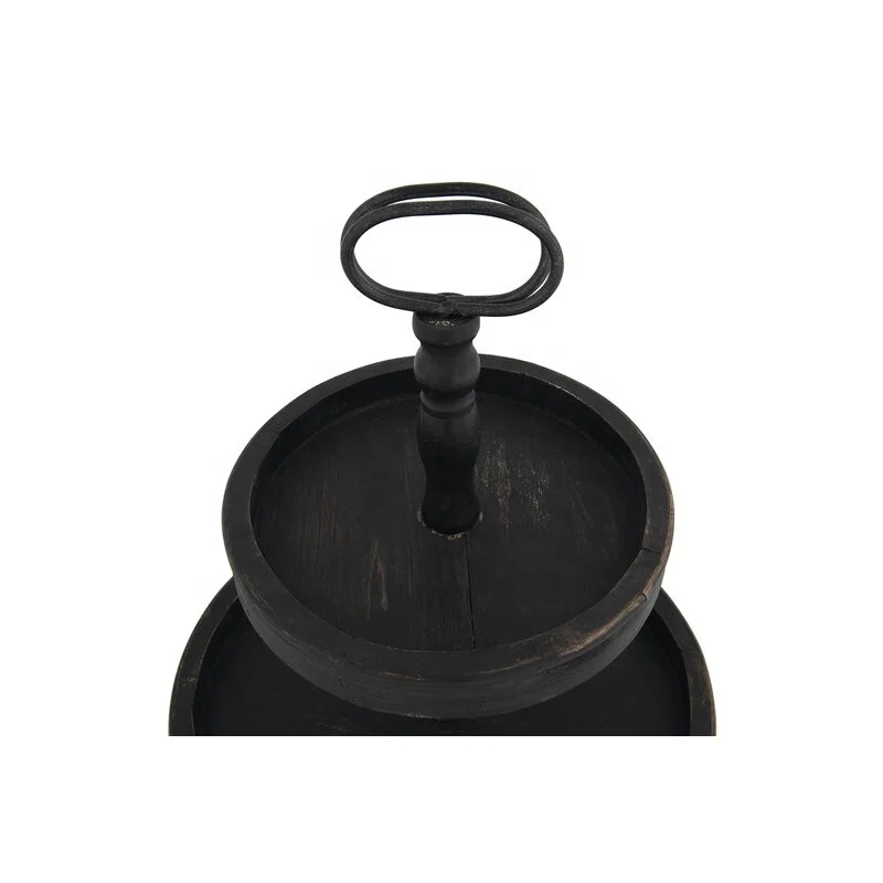 
Round 2-Tier Stand Ottoman/Rustic Black Coffee Table Tray/ Wooden Ottoman Serving Tray 